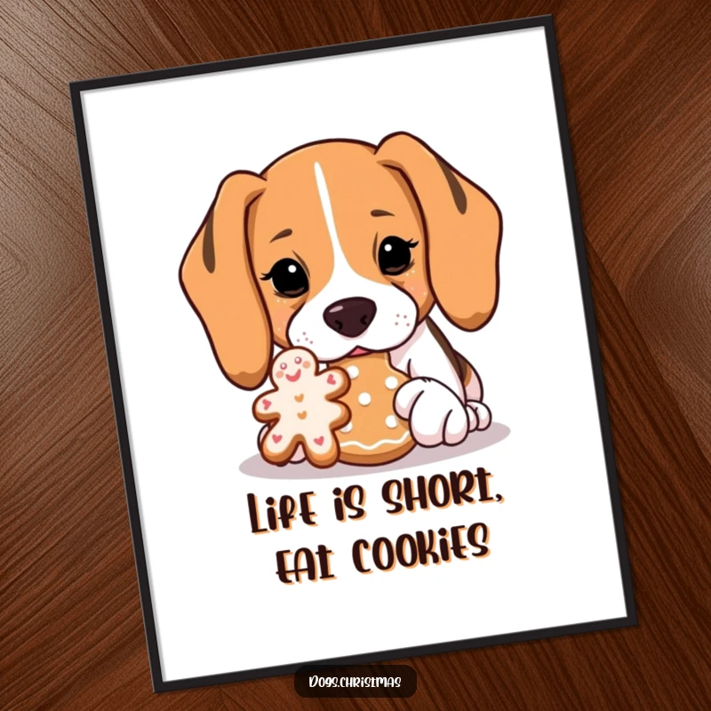 Funny free printable wall art showing a beagle with an expression of intense interest sniffing a gingerbread cookie.