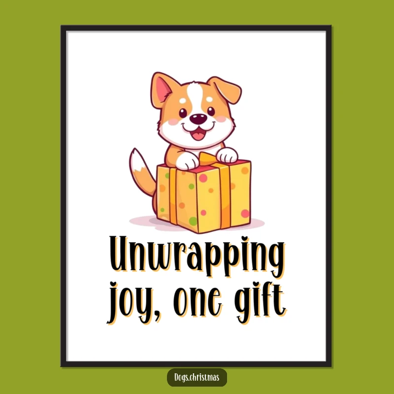 Free Printable Wall Art: Excited Dog Unwrapping Gift - Wagging Tail Decor