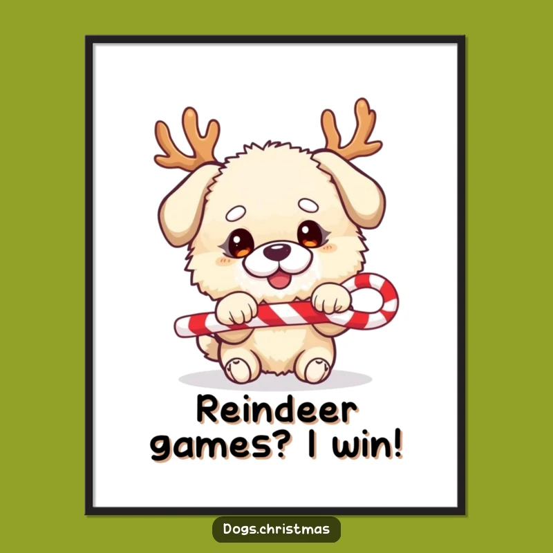 Free Printable Wall Art: Fluffy Dog Antlers - Candy Cane Tug Festive Decor