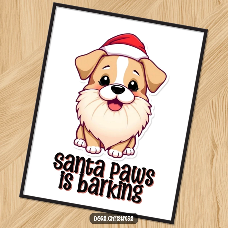Funny Free Printable Wall Art: Dog dressed as Santa Claus with a beard, barking playfully for holiday cheer.