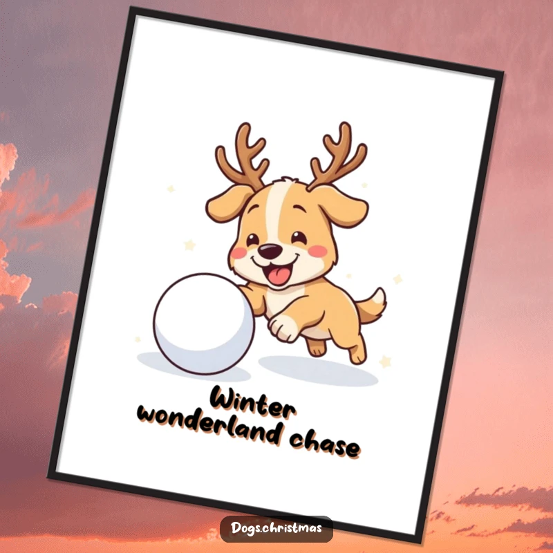 Funny Free Printable Wall Art: A dog sporting antlers gleefully chases a snowball across a snowy landscape.