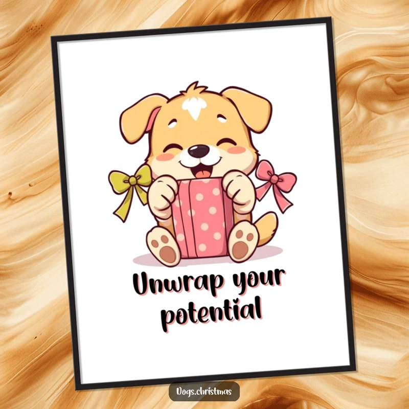 Funny Free Printable Wall Art: A dog gleefully unwrapping a present with its paws, capturing pure excitement.