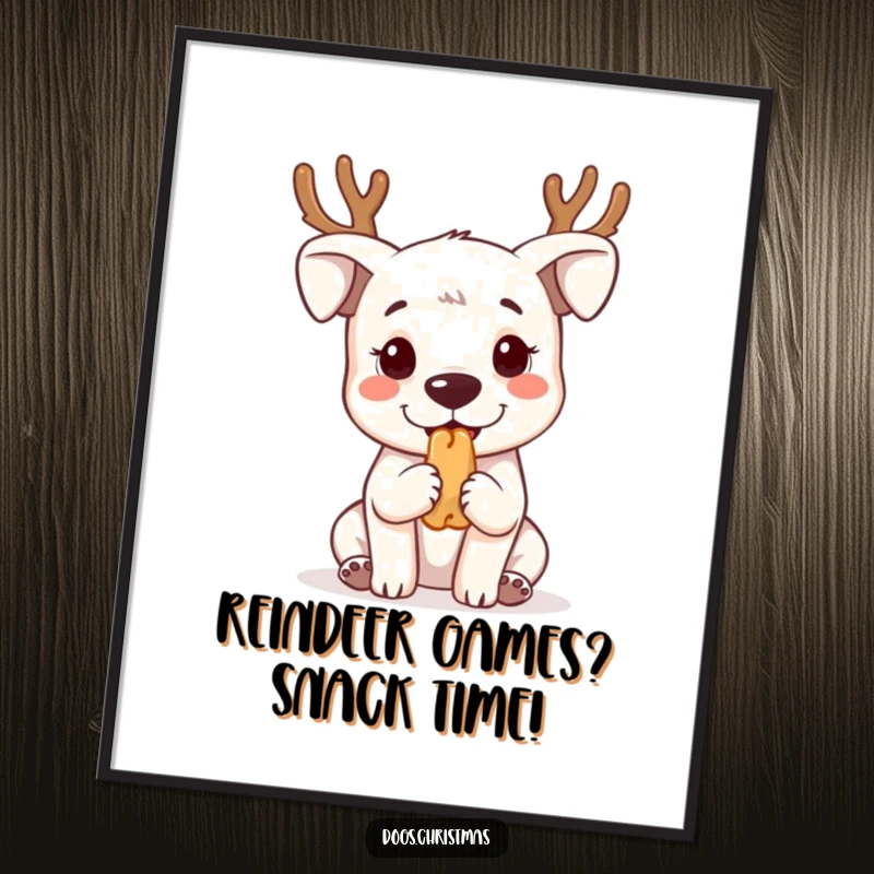 Funny free printable wall art: Cute kawaii dog wearing reindeer antlers, looking up with begging eyes for a treat.