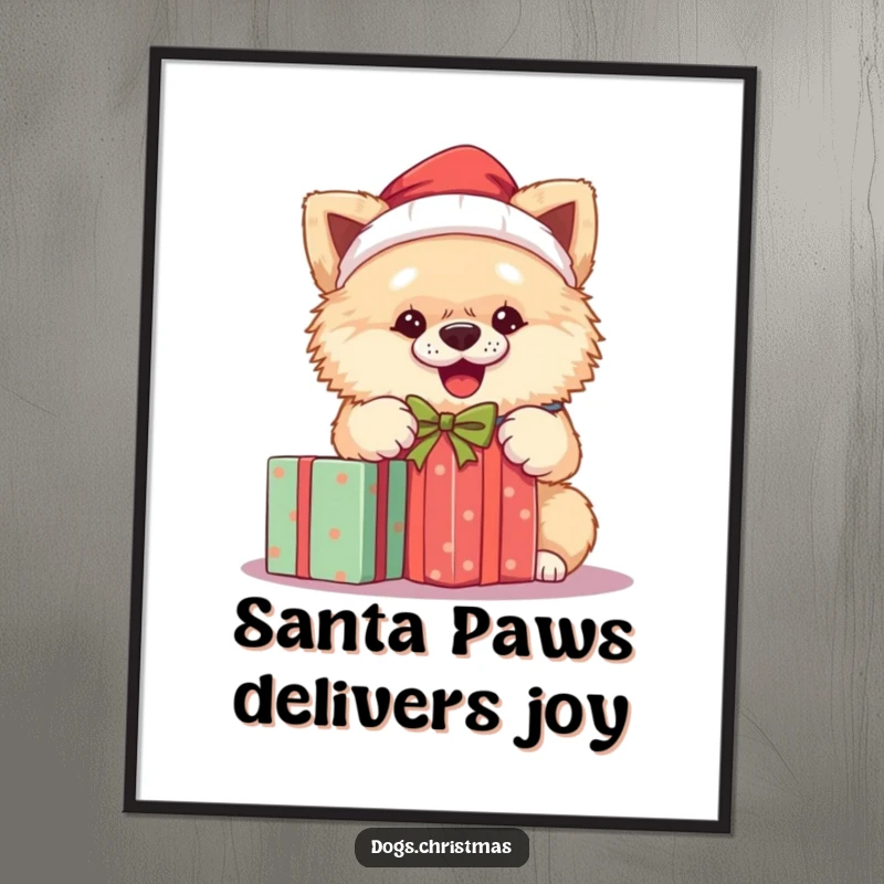 Funny Free Printable Wall Art: A fluffy dog wearing a Santa hat, excitedly unwrapping a Christmas present.