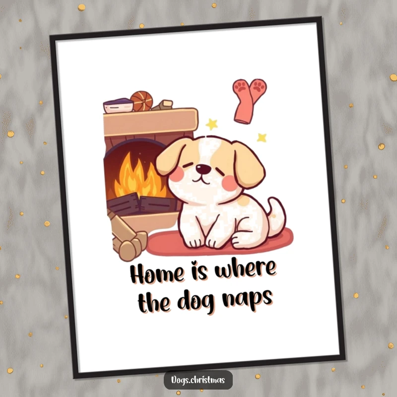 Funny Free Printable Wall Art: A kawaii dog sleeps near a fireplace, dreaming sweetly, a cozy downloadable piece.