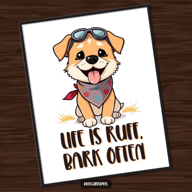 Funny Free Printable Wall Art: Energetic dog with bandana, panting happily outdoors, bringing vibrant cheer.