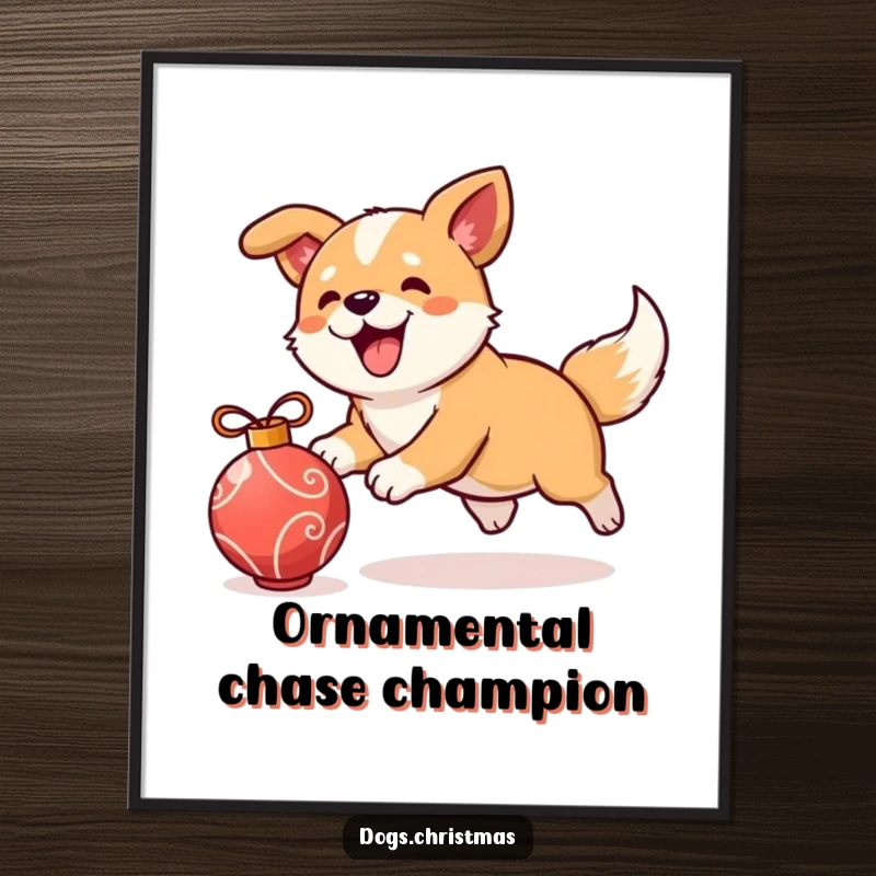 Funny Free Printable Wall Art: Kawaii dog excitedly chasing a rolling ornament, adding playful and humorous energy to any decor.