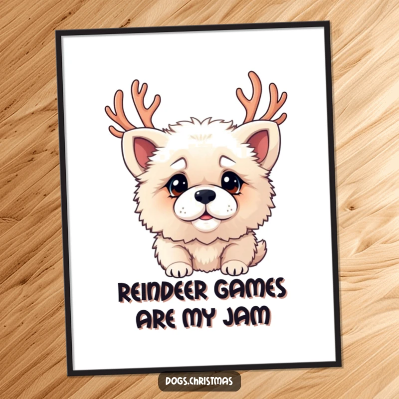 Funny Free Printable Wall Art: A fluffy dog wearing festive antlers looks hilariously, playfully confused.