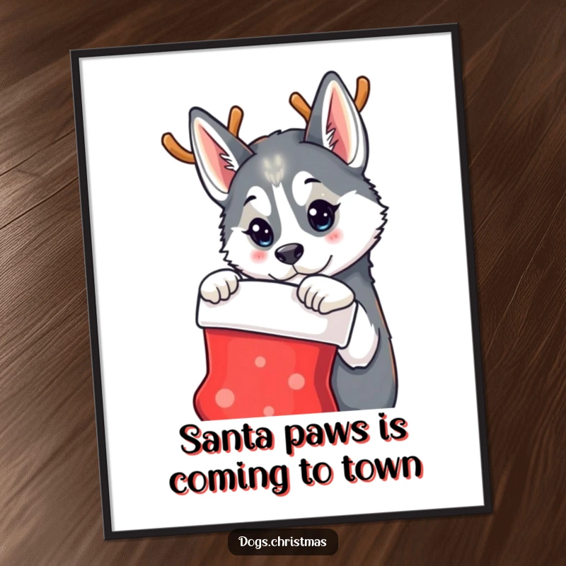 Funny Free Printable Wall Art featuring a husky dog sporting reindeer antlers, looking curiously at a Christmas stocking, evoking holiday fun.