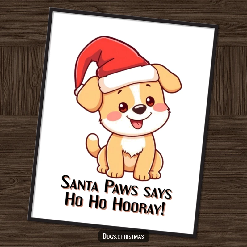 Funny Free Printable Wall Art: Kawaii Christmas dog in Santa hat, wagging tail, adding festive and humorous holiday charm.