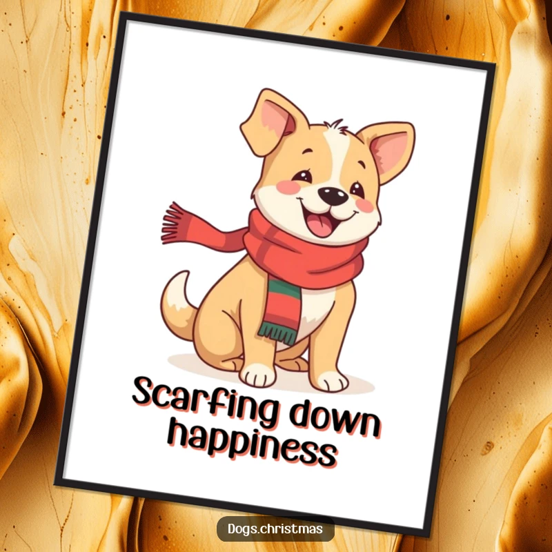 Funny Free Printable Wall Art: A dog in a festive scarf, tail wagging uncontrollably with pure, infectious joy.
