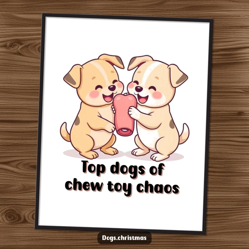Playful Free Printable Wall Art: Two adorable kawaii dogs engaged in a fun, spirited wrestling match over a shared chew toy.
