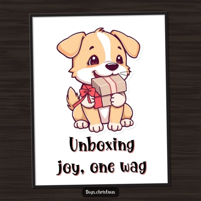 Funny Free Printable Wall Art of a dog holding a present and wagging its tail rapidly with joy.