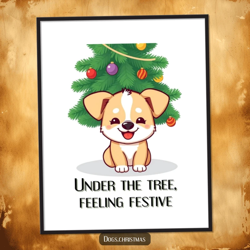 Funny Free Printable Wall Art of a dog peeking from under a Christmas tree, with a big grin.