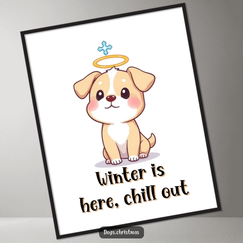 Funny Free Printable Wall Art depicting a halo dog looking comically surprised by a single falling snowflake, perfect for quirky decor.
