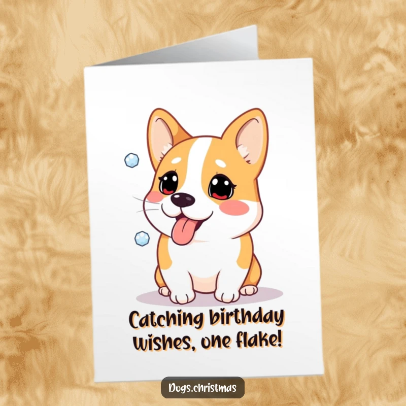 Funny Free Printable Birthday Card: A corgi comically tries to catch a falling snowflake on its tongue with a look of intense concentration.