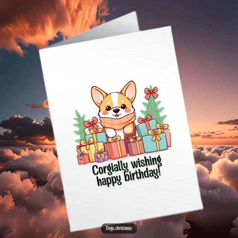 Funny Free Printable Corgi Birthday Card: Kawaii corgi in scarf peeking from gifts, warm and festive birthday greeting.