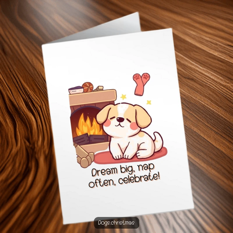 Funny Free Printable Birthday Card: Kawaii dog dreaming happily by a fireplace, a perfect downloadable gift.