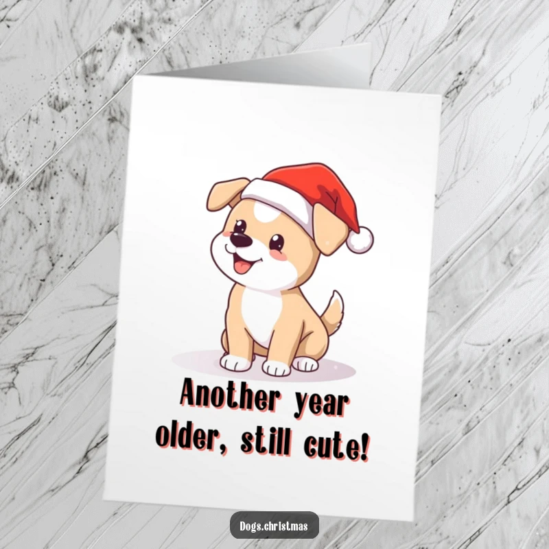 Funny Free Printable Birthday Card: Cute dog in Santa hat wagging tail, snow falling, perfect for a jolly celebration.
