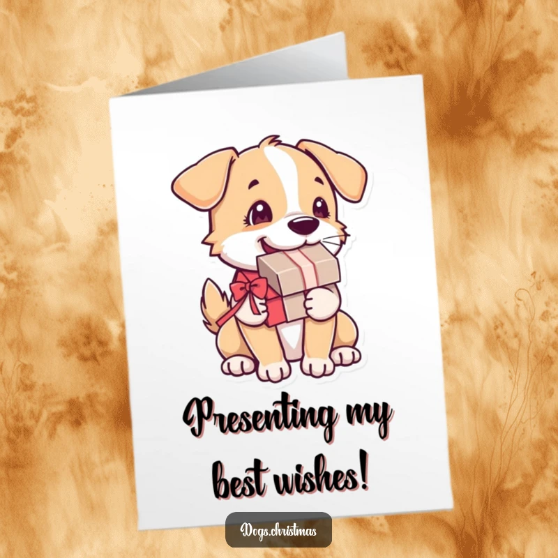 Funny Free Printable Birthday Card: a dog with a present in its mouth wags its tail excitedly.