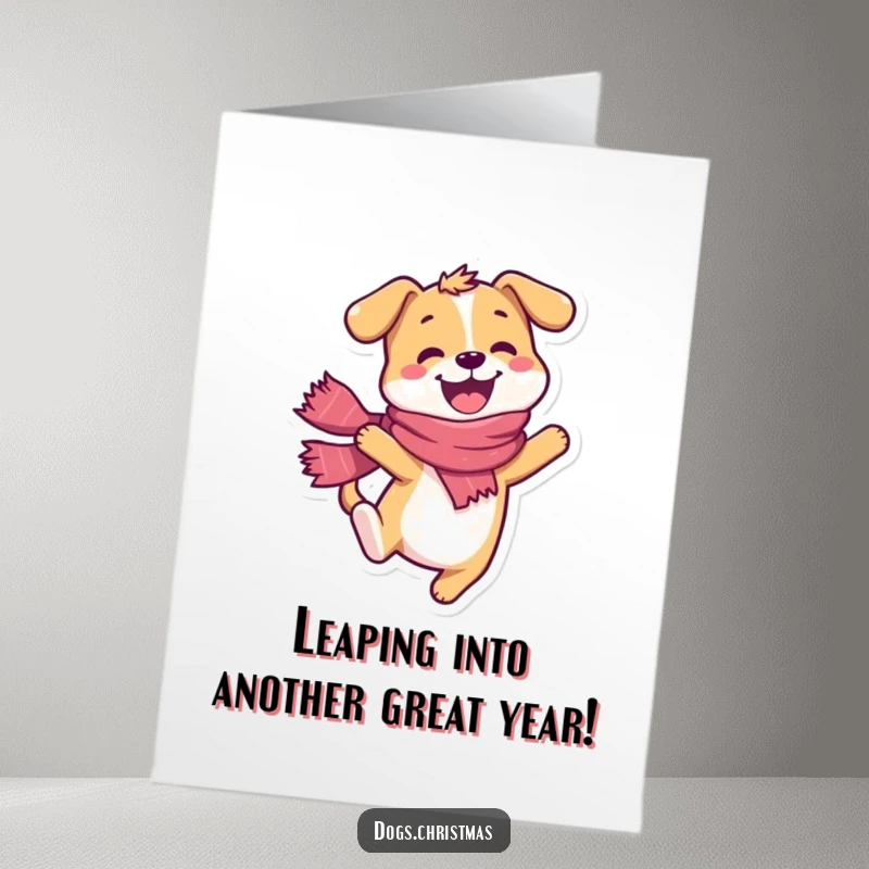 Funny Free Printable Birthday Card: Happy dog, wearing a scarf, doing a joyful leap, celebrating with enthusiasm.
