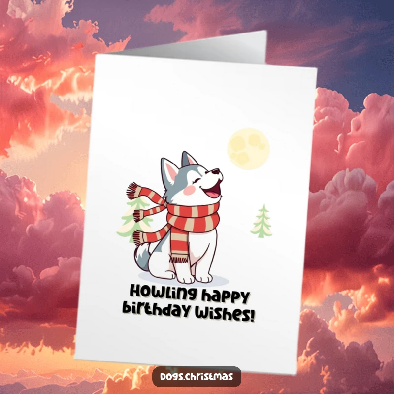 Funny Free Printable Birthday Card: A kawaii husky in a festive scarf is howling merrily at the moon.