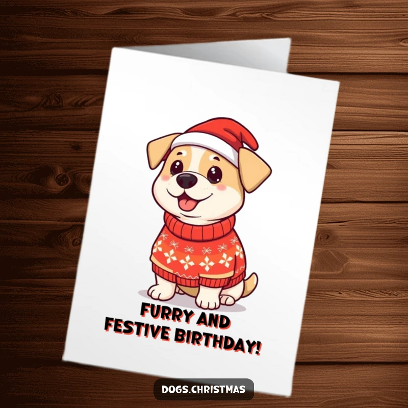 Funny Free Printable Birthday Card: a proud dog wears a silly Christmas sweater.