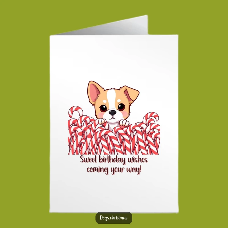 Free Printable Curious Dog Birthday Card: Candy Cane Surprise Downloadable