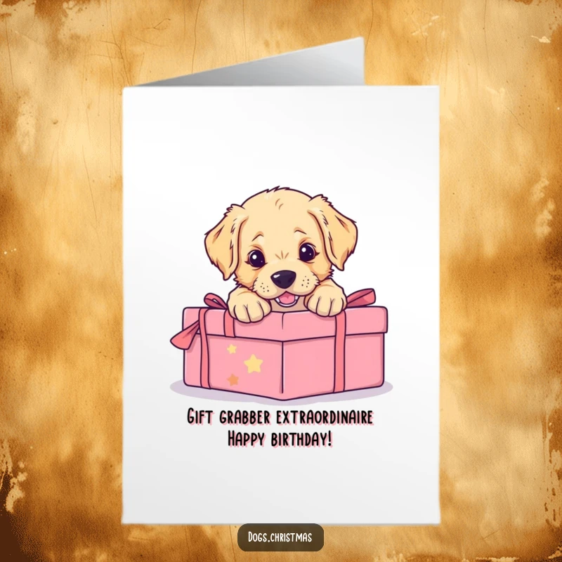 Funny Free Printable Birthday Card features a golden retriever puppy gleefully pouncing on a beautifully wrapped present, ready for celebration.
