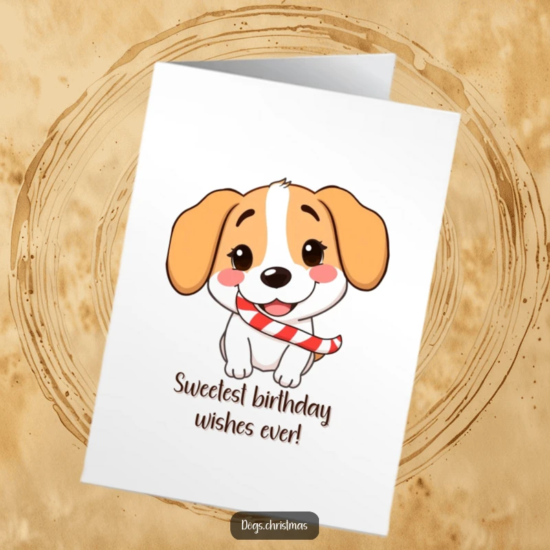 Funny Free Printable Birthday Card: A happy dog grins widely with a candy cane in its mouth, spreading birthday joy.