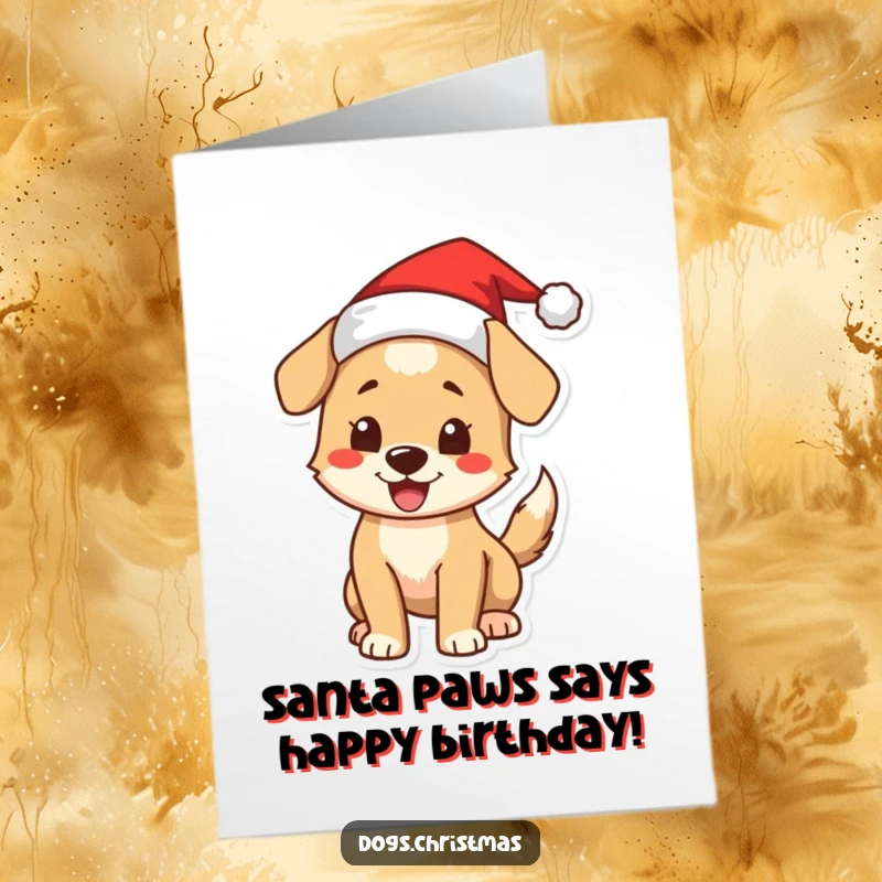 Funny Free Printable Birthday Card: Excited dog in Santa hat, wagging tail, spreading birthday cheer.