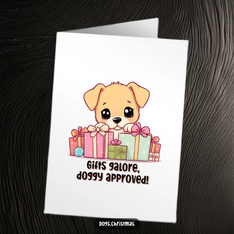 Funny free printable birthday card: Adorable puppy peeking playfully from behind a mountain of wrapped gifts, ready to celebrate.
