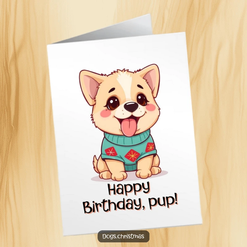 Funny Free Printable Birthday Card: Cute dog in a festive sweater, panting happily with birthday joy.