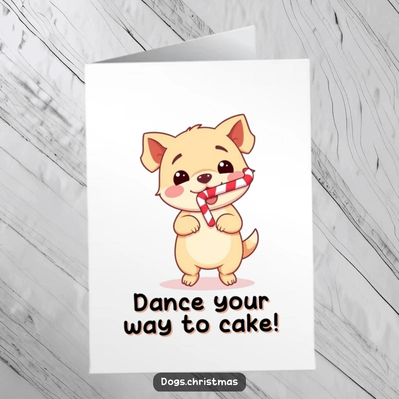 Happy Free Printable Birthday Card: A kawaii dog doing an ecstatic happy dance with a candy cane held triumphantly in its mouth.