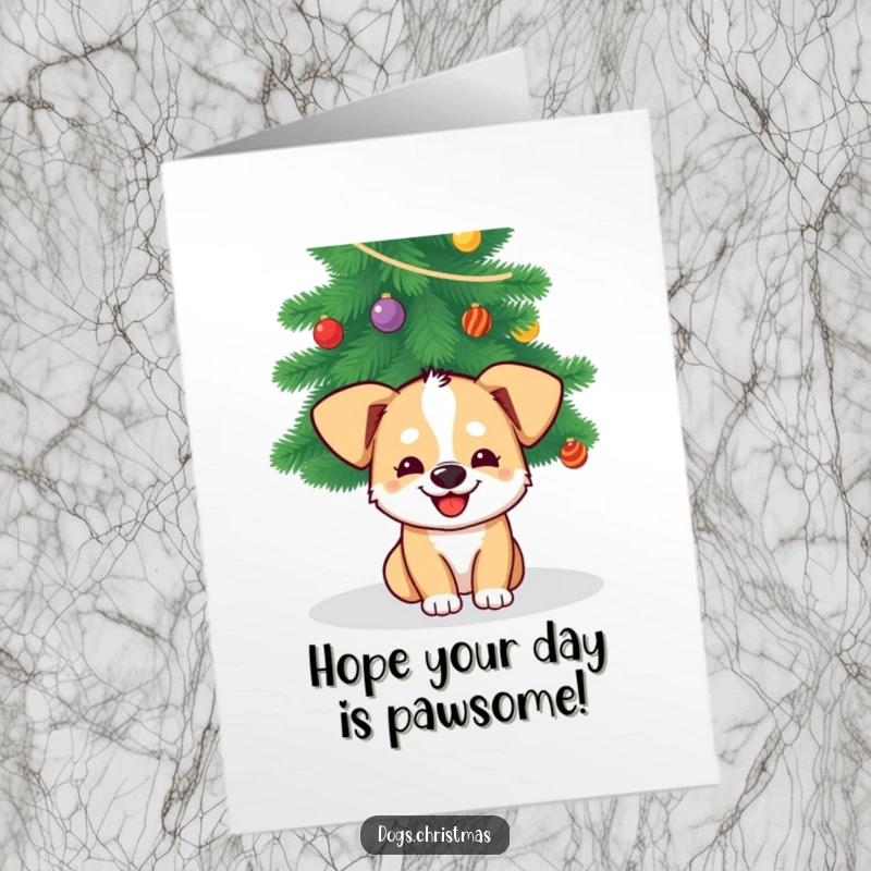 Funny Free Printable Birthday Card: a dog grins sneakily from under a Christmas tree.