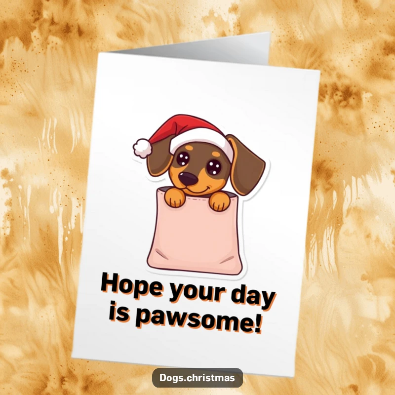 Funny free printable birthday card featuring a dachshund in a Santa hat peeking from a gift bag.