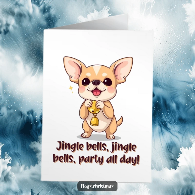 Funny free printable birthday card of an energetic chihuahua enthusiastically shaking a jingle bell toy, ready to party.