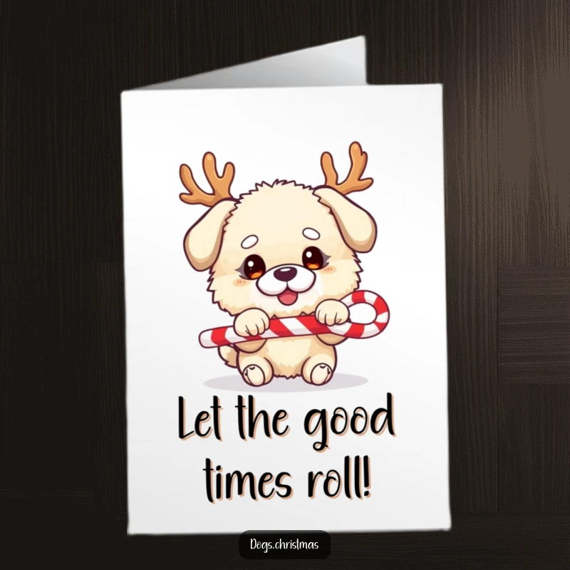 Funny Free Printable Birthday Card: Fluffy dog, festive antlers, playing tug-of-war with a candy cane, energetic and joyful.