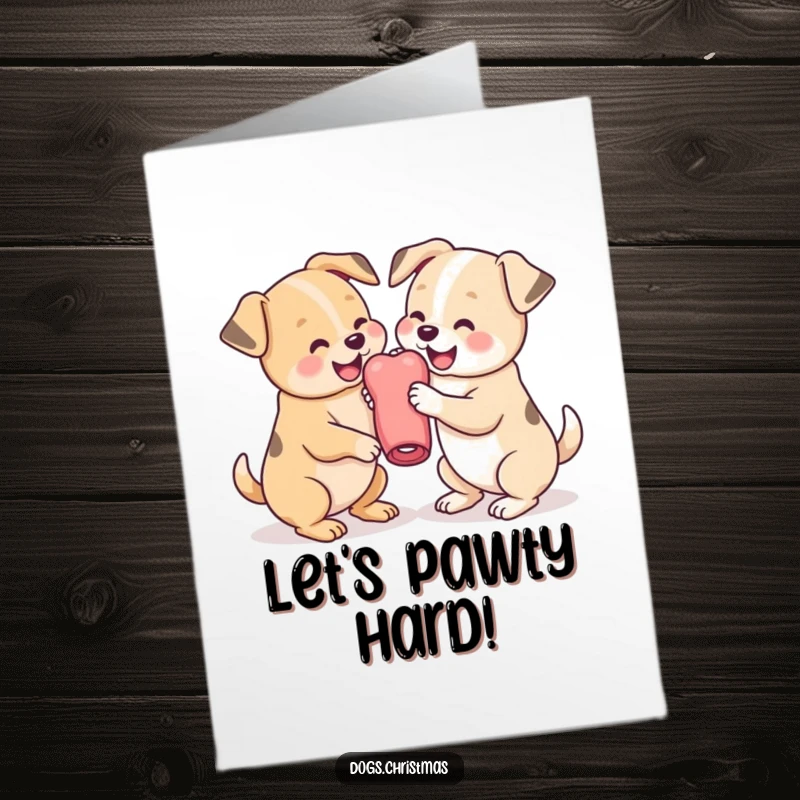 Playful Free Printable Birthday Card: Two cute kawaii dogs joyfully wrestling over a squeaky chew toy in a friendly tussle.