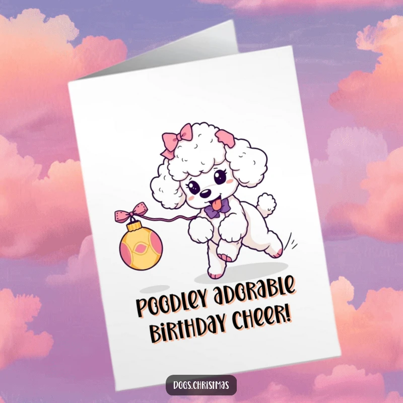 Funny Free Printable Poodle Birthday Card: Kawaii poodle with ribbons chasing a rolling ornament, full of playful energy.