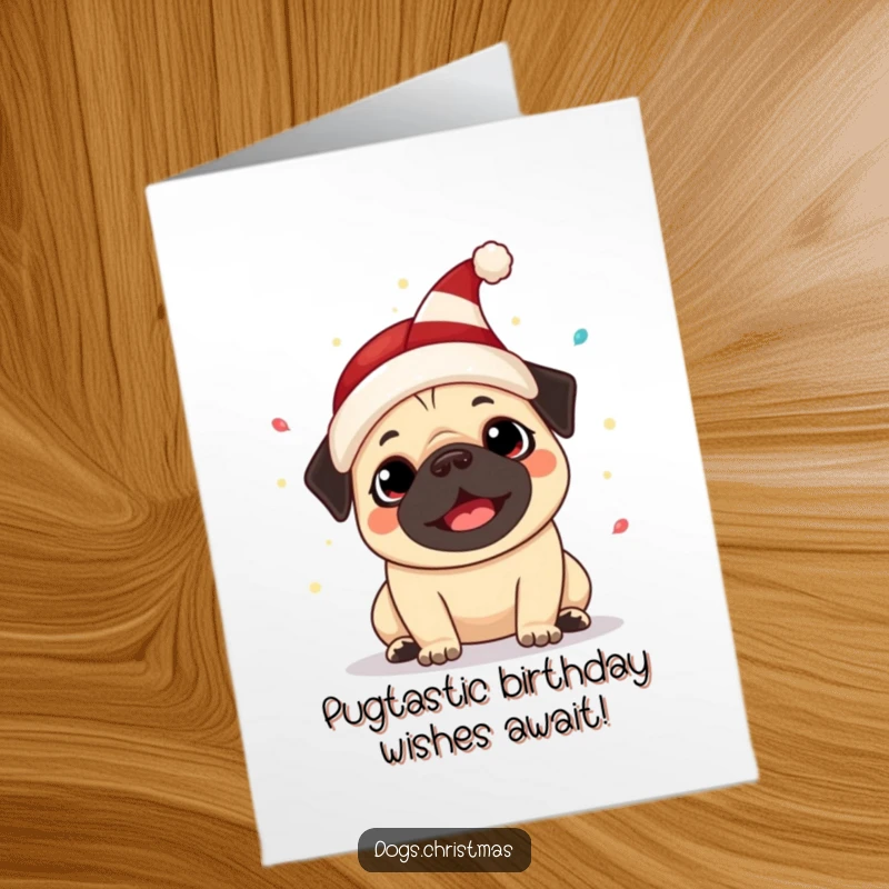 Funny Free Printable Pug Elf Hat Birthday Card: Kawaii dog barking happily among festive lights, ready for print.
