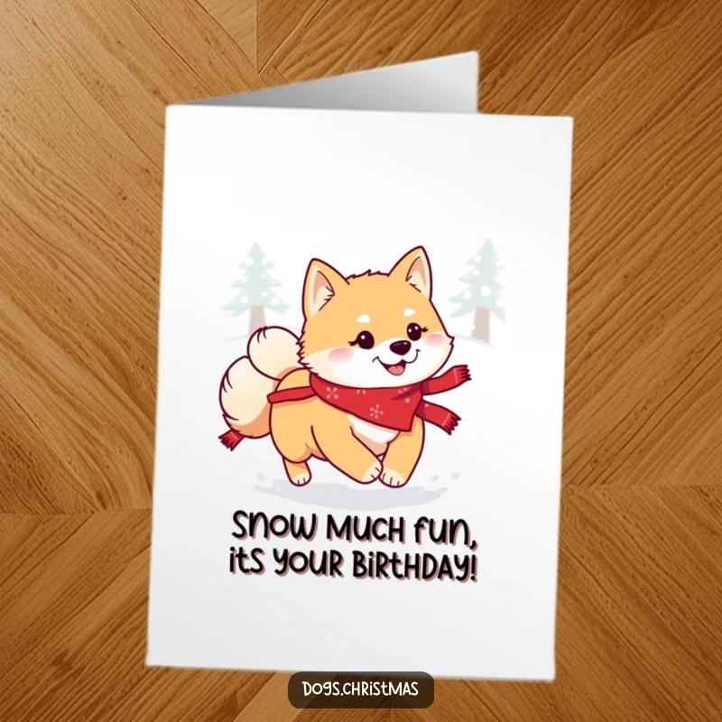 Funny Free Printable Shiba Inu Birthday Card of a happy dog in a bandana bounding joyfully through the snow.
