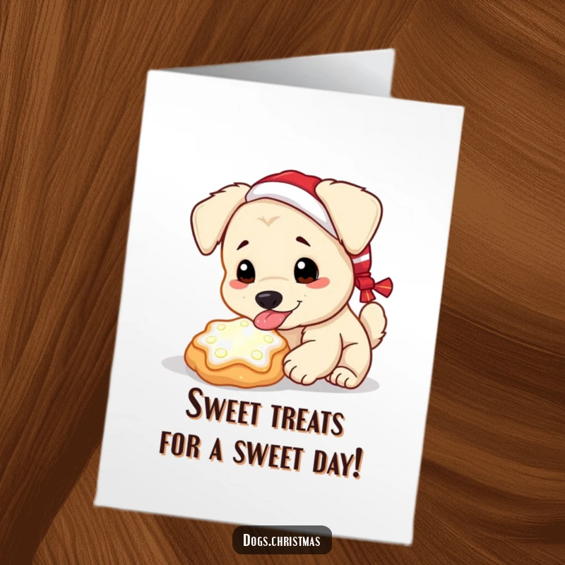 Funny Free Printable Birthday Card: Kawaii dog licks frosty magical cookie, a sweet and funny downloadable gift.
