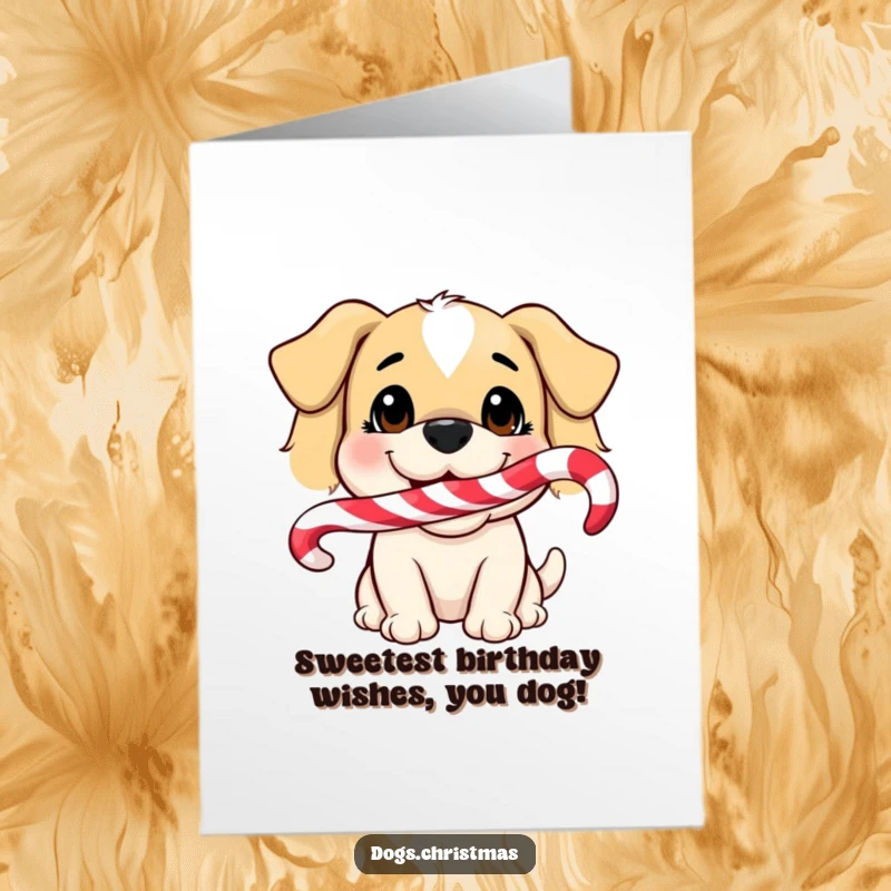 Funny Free Printable Birthday Card: A happy dog smiles, holding a candy cane in its mouth. Festive and humorous.
