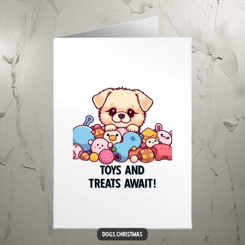 Funny Free Printable Birthday Card: Small fluffy kawaii dog peeking from toys adds a playful and humorous touch to greetings.