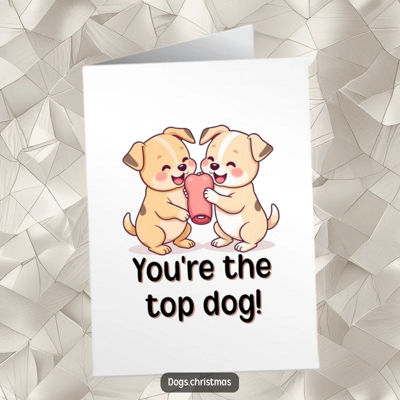Playful Free Printable Congrats Card: A dynamic duo of kawaii dogs engaged in a fun, gentle wrestling match for a toy.