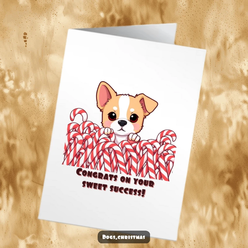Funny Free Printable Dog Congrats Card: A curious dog peeks from candy canes, eyes wide with sweet congratulations.