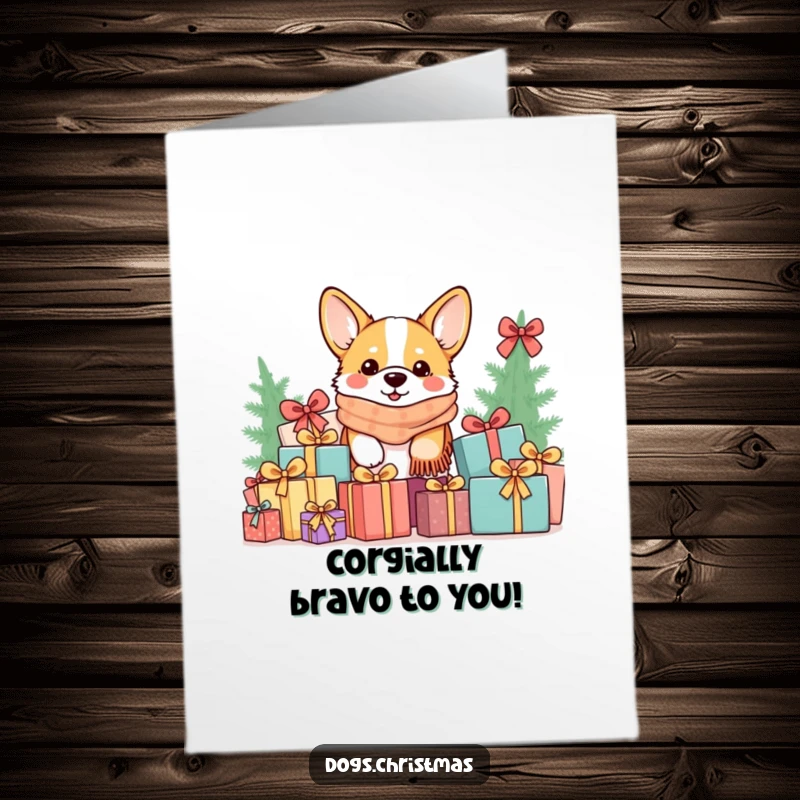 Funny Free Printable Corgi Congrats Card: Adorable corgi in scarf peeking from gifts, perfect for celebrating.