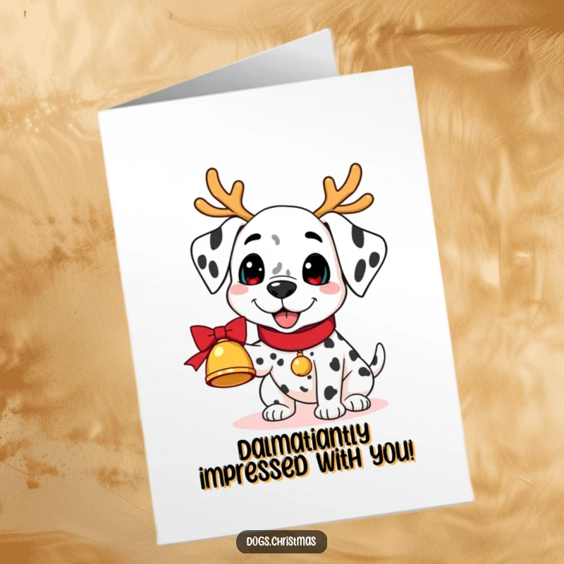Funny Free Printable Dalmatian Congrats Card: Adorable Dalmatian in reindeer antlers holding a bell, perfect for festive congratulations.
