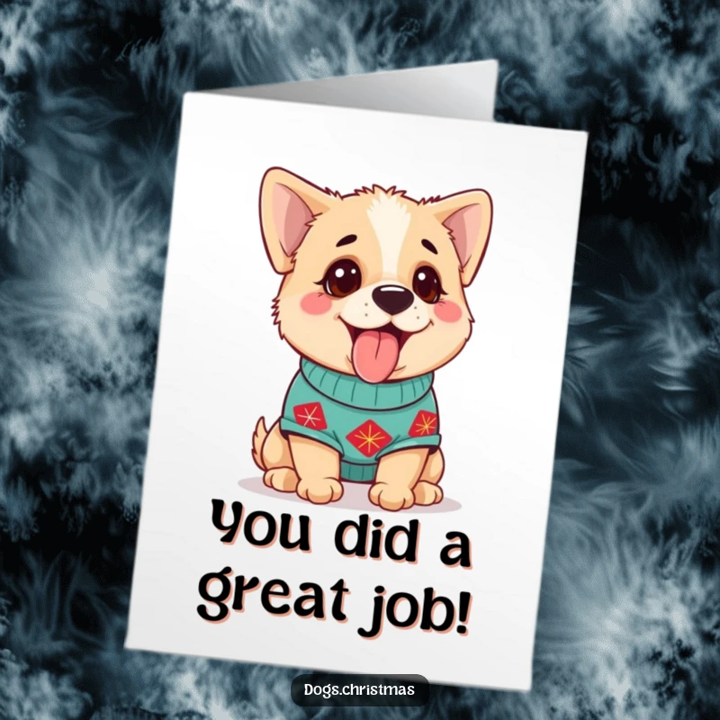 Funny Free Printable Congratulations Card: Cute dog in festive sweater, panting happily to convey congratulations.
